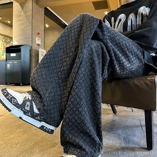 小香风提花牛仔裤男春季美式痞帅设计感垂感复古宽松阔腿直筒裤子