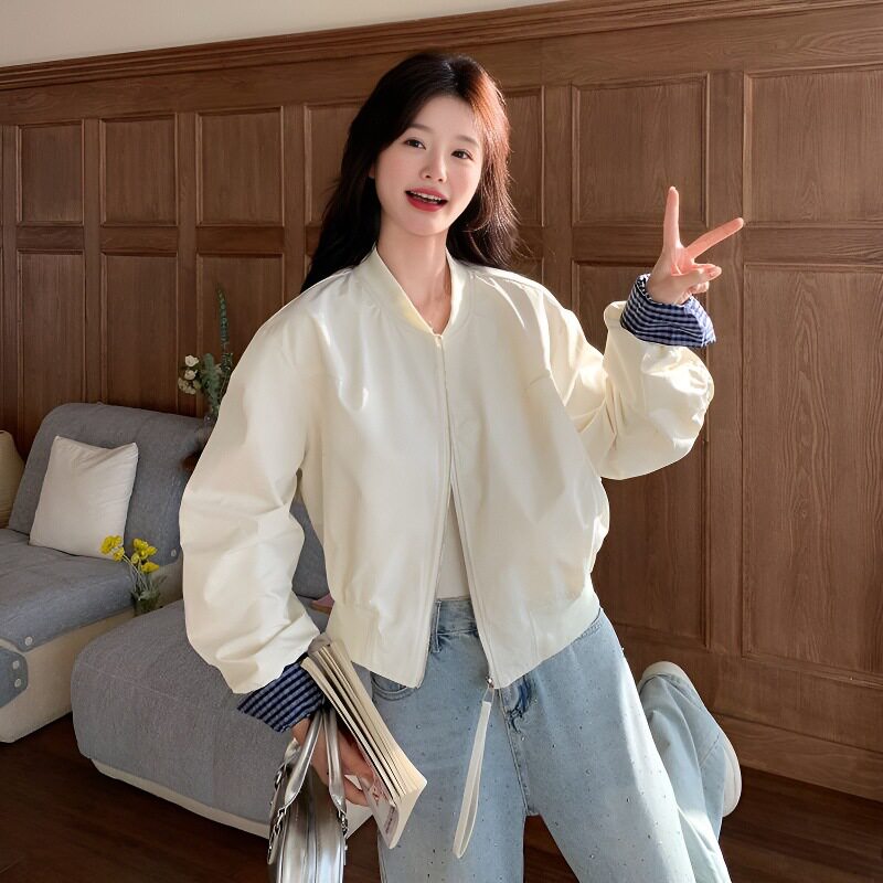 韩版蓝色拼接棒球服女短款春新