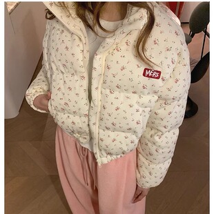 美式甜美小碎花满印羽绒棉服女冬季外套2026短款宽松加厚百搭棉衣