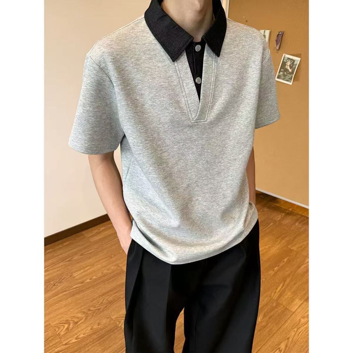 夏季男士撞色牛仔领短袖POLO衫