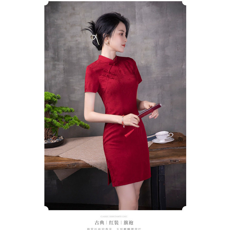 红色改良旗袍夏季短款新娘礼服