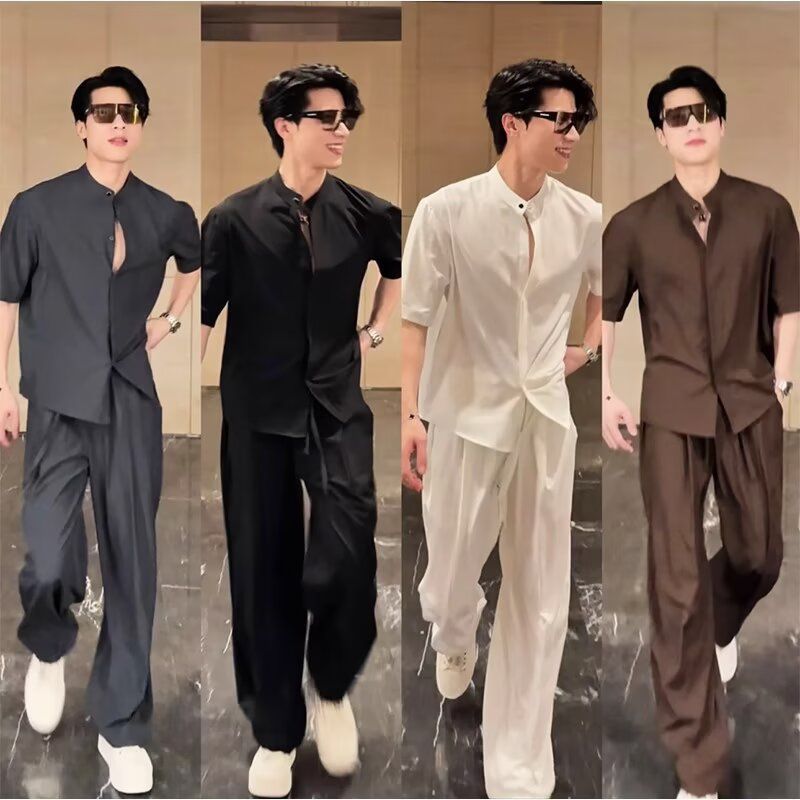 夏季港风新中式男短袖求职套装