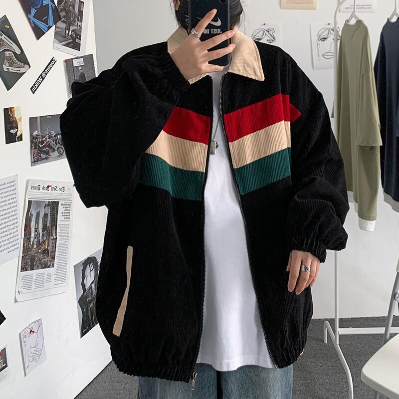 春秋灯芯绒撞色宽松男士夹克