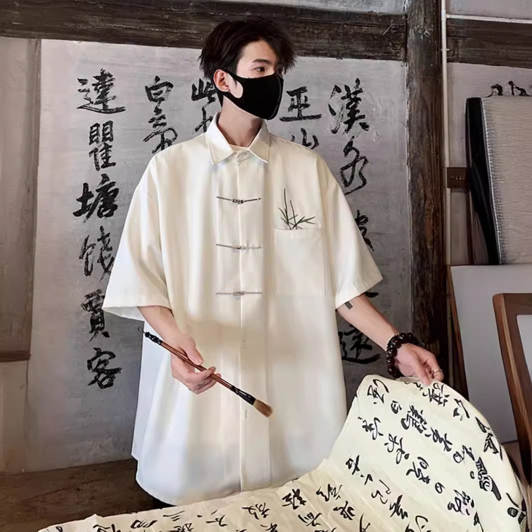 新中式国风翠竹刺绣五分袖衬衫男