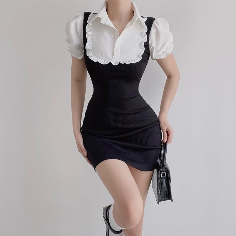辣妹设计感假两件黑色连衣裙