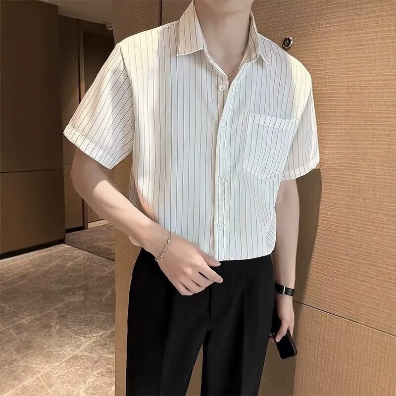 黑白条纹宽松短袖衬衫男夏季