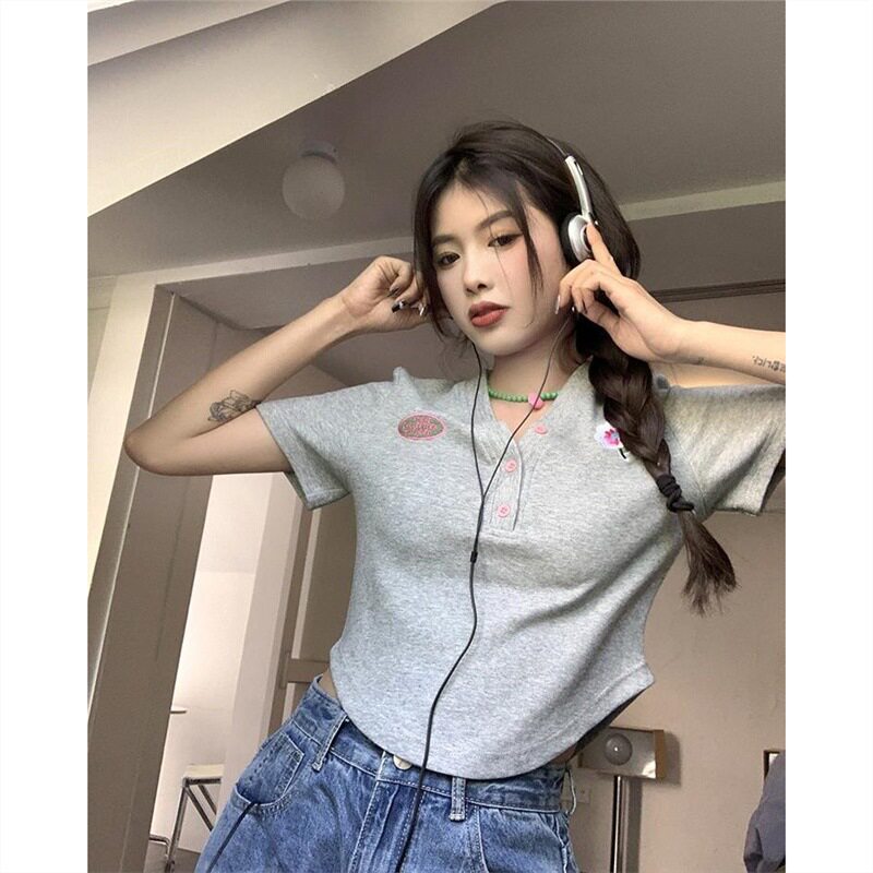 夏季大码POLO领刺绣短款T恤女