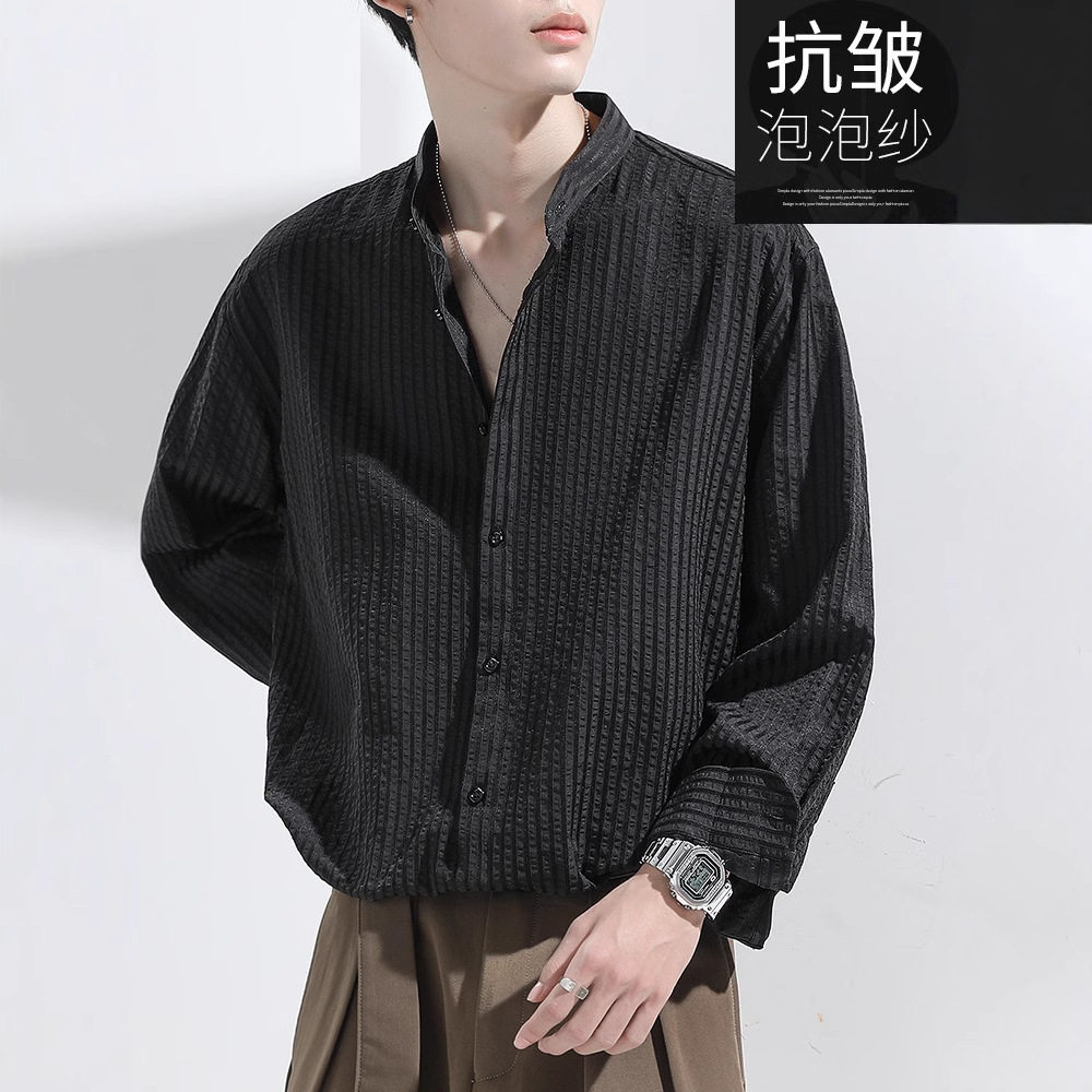抗皱泡泡纱男宽松长袖衬衫