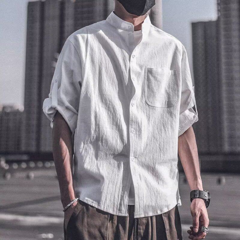 夏季亚麻立领宽松大码男衬衫