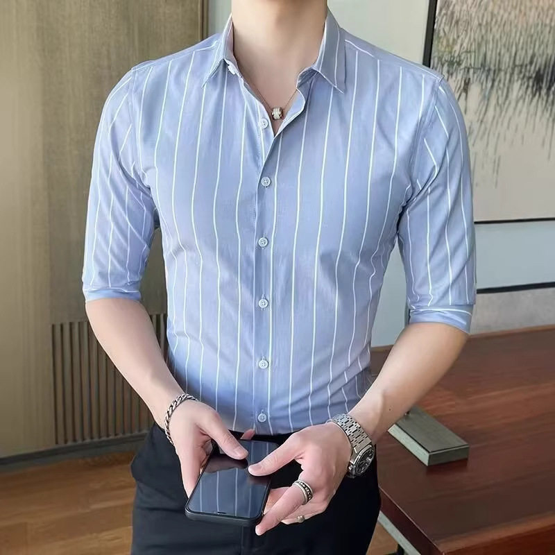 夏季男士韩版修身条纹短袖衬衫