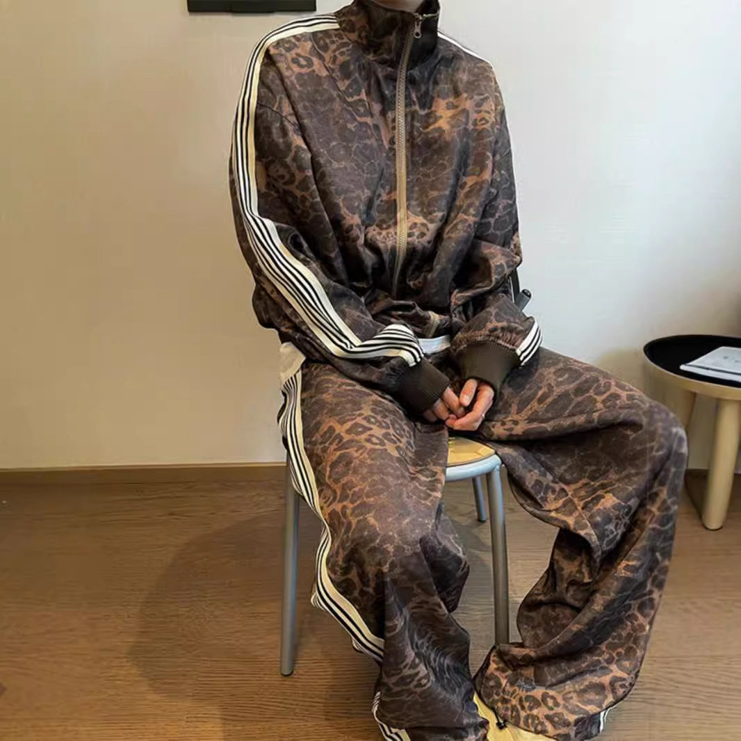 复古豹纹条纹春秋男学生套装