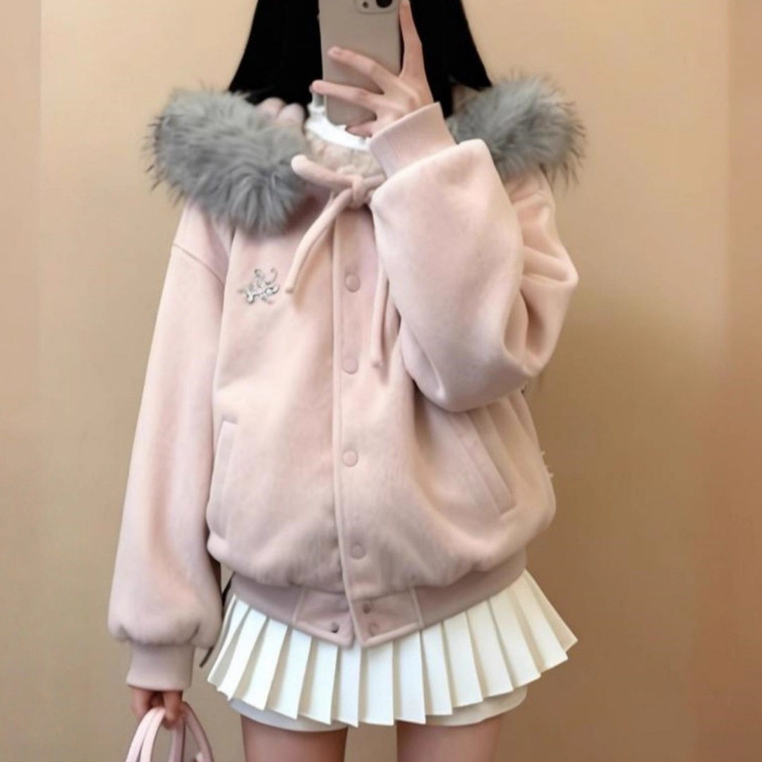 蝴蝶结绑带粉色甜美气质大毛领