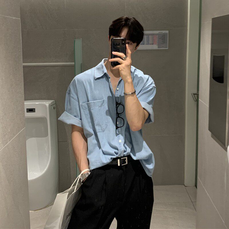 牛仔衬衫男夏季薄款短袖宽松