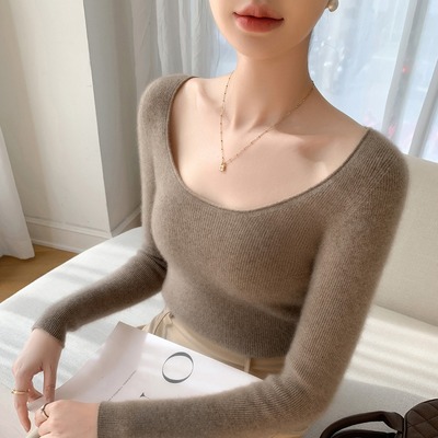 U领羊绒打底衫女修身薄款羊绒内搭紧身低领秋冬新款针织上衣毛衣