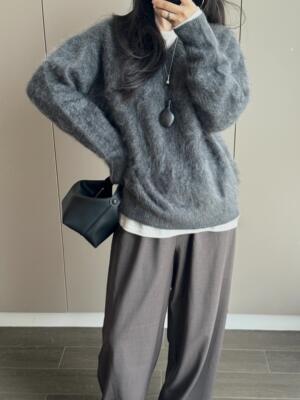 康赛妮100纯山羊绒女士V领拉绒毛衣秋冬纯色宽松大码拉毛打底绒衫