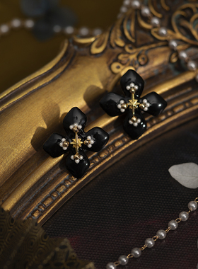 黑色花瓣耳钉女文艺宫廷复古风小众设计感耳环新款潮气质耳饰