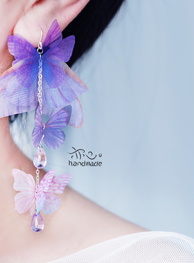 亦心handmade紫色羽纱蝴蝶耳环婚礼新娘伴娘耳饰无耳洞耳夹礼物