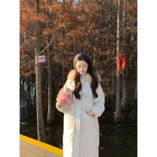 Halonini 保暖大被子 显瘦长款连帽大毛领90白鸭绒显瘦白色羽绒服