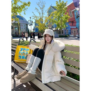 Halonini 雪国精灵 狐狸毛领连帽粉色中款新国标90白鸭绒羽绒服冬