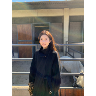 Halonini 气质2色 秋冬新款立领双面呢短款小个子70羊毛毛呢大衣