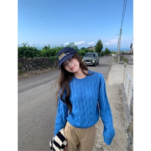 Halonini 首尔恋人chic韩系慵懒麻花软糯百搭显瘦红色套头毛衣秋