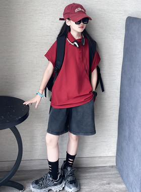 男女童夏季韩版休闲打扮珠地棉蝙蝠袖Polo衫中大童炒色牛仔短裤潮