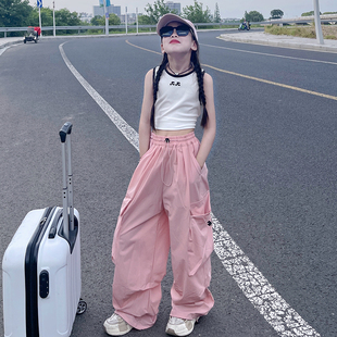女童粉色工装裤夏季2025新款儿童超酷薄款套装女孩大童裤子阔腿裤