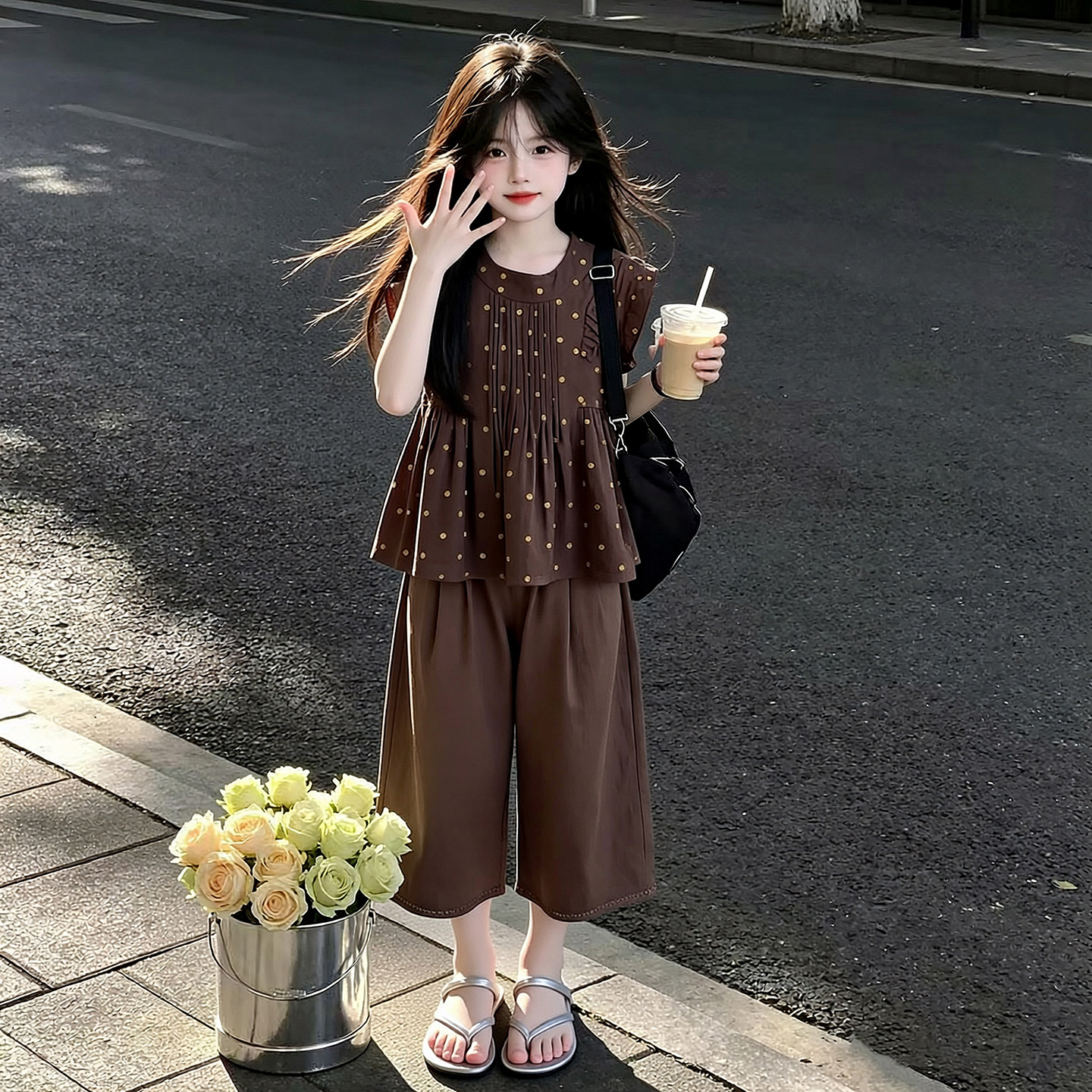 休闲波点两件套女童2026夏季薄款套装10岁小女孩短袖上衣七分裤