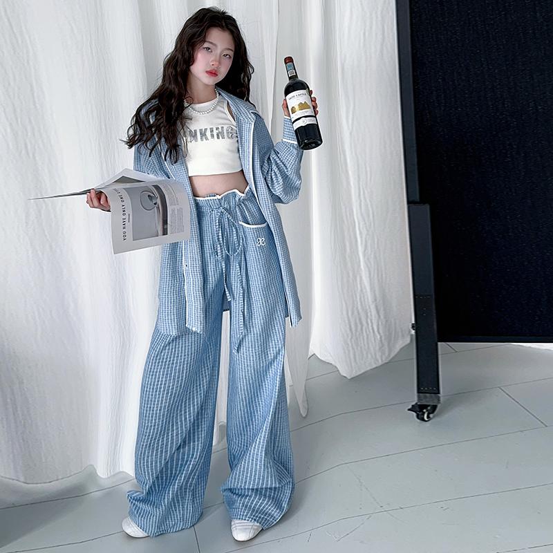 女童格子外套2025春款针织套装潮