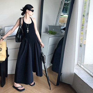 女童法式夏季新款极简风黑色无袖连衣裙夏季中裙大摆简约气质裙