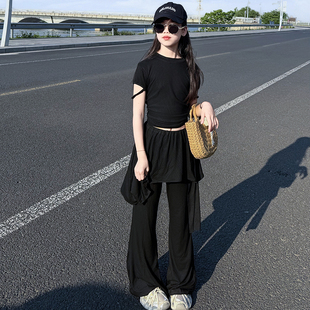 女童韩版套装2026儿童短袖假两件修身喇叭裤夏装纯色时尚两件套潮
