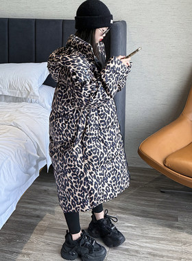女童长款宽松羽绒服豹纹连帽