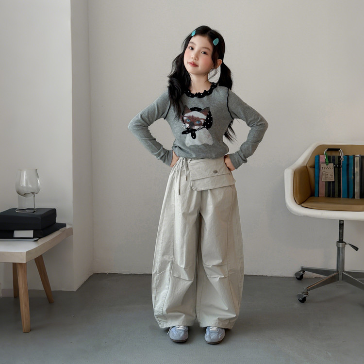 韩版猫咪印花长袖T恤阔腿裤2件套女童2026新款春秋卡通套装