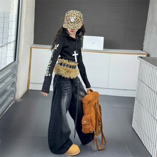 女童帽衫牛仔弯刀裤套装2025年儿童春秋装连帽上衣长裤嘻哈两件套