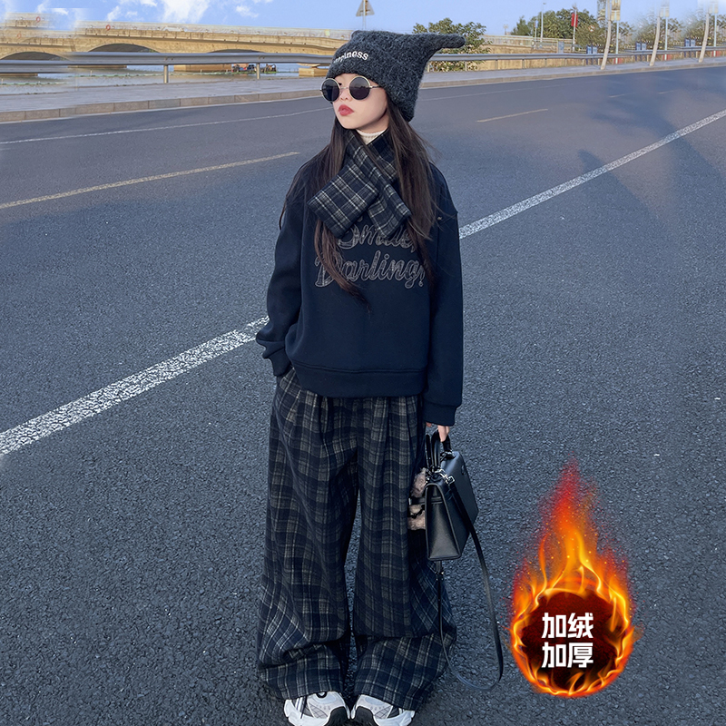 女童2025新款秋冬季洋气韩版加绒加厚卫衣格子阔腿休闲裤两件套潮