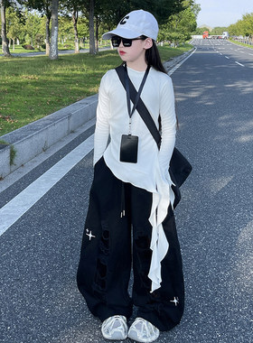 女童酷飒风长袖飘带T恤套装