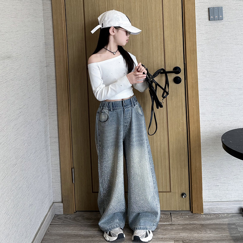 美式复古满天星烫钻牛仔裤2026新款女童洋气辣妹时尚慵懒风阔腿裤,童装/婴儿装/亲子装,裤子,淘宝优惠券,粉丝福利购,淘宝优惠卷