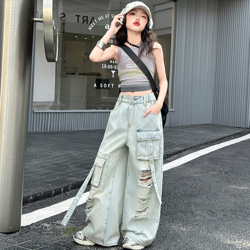 女童美式复古黑色多口袋破洞工装牛仔裤2025新款高腰直筒拖地裤潮