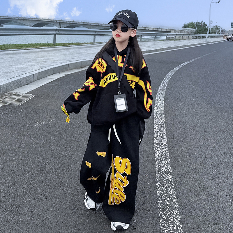 女童休闲2025秋冬新品时尚韩版宽松加绒连帽卫衣阔腿休闲裤套装潮