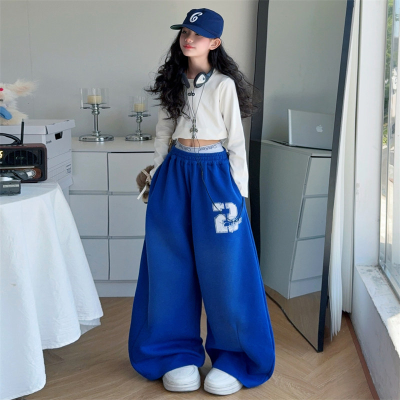 美式复古蓝色休闲裤女孩爵士舞演出服宽松运动显瘦中腰辣妹弯刀裤,童装/婴儿装/亲子装,套装,淘宝优惠券,粉丝福利购,淘宝优惠卷