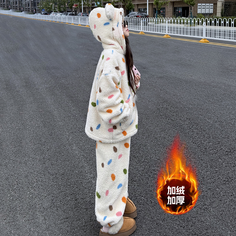 女童韩版彩色波点珊瑚绒睡衣套装