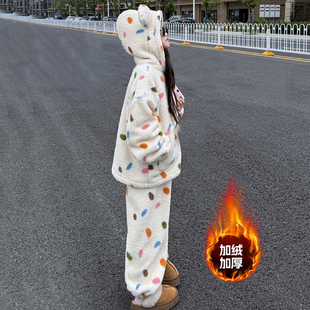 女童韩版彩色波点珊瑚绒睡衣大童冬季加绒加厚家居服可外穿两件套