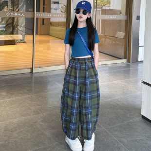 女童时髦套装2026夏季蓝色短袖复古格纹高腰宽松九分阔腿休闲裤潮