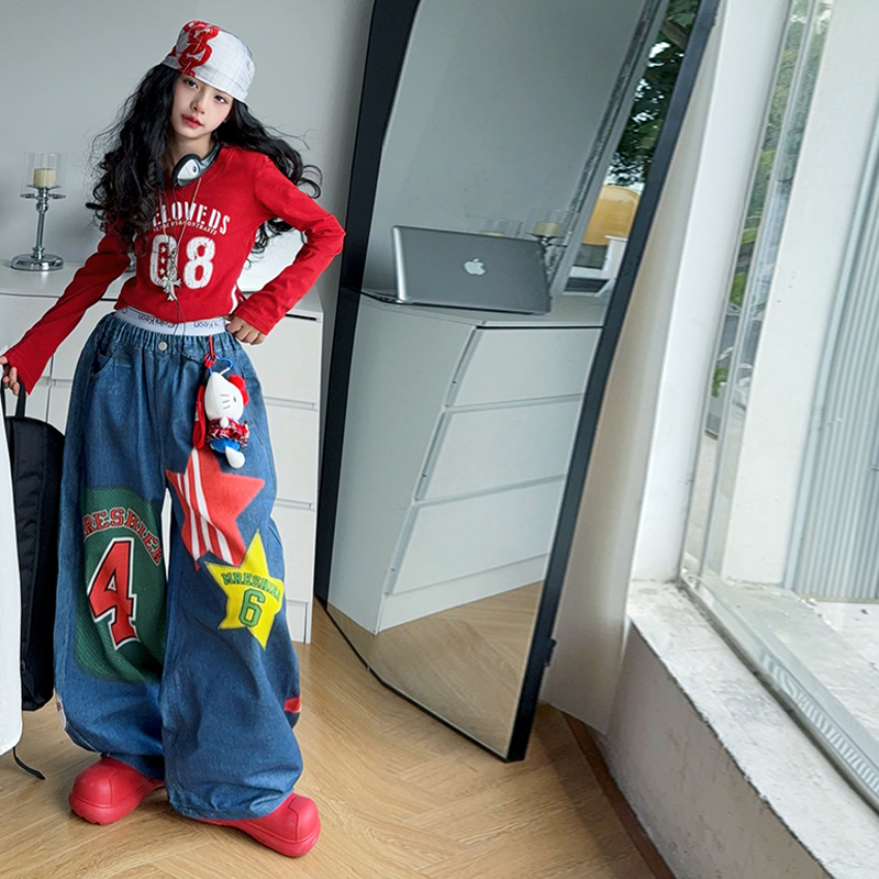 潮酷复古女童街舞服秋装少儿秋季新款美式秋衣风牛仔裤爵士舞走秀