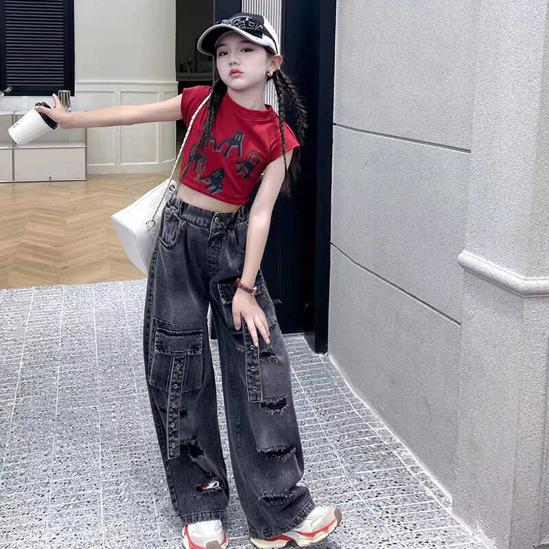 女童牛仔裤2025夏季新款港风高腰宽松阔腿裤黑色破洞工装休闲裤潮