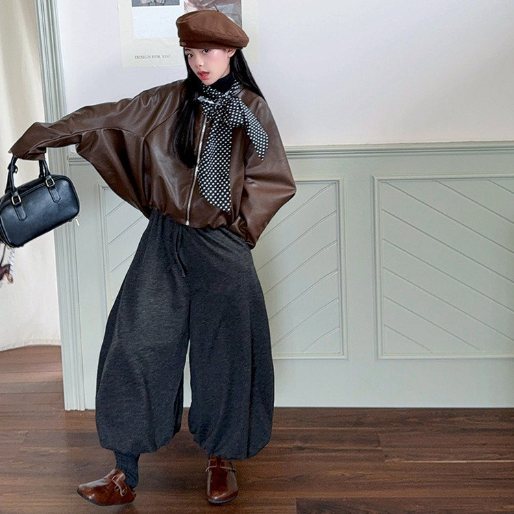 女童韩版加绒皮衣外套春秋套装