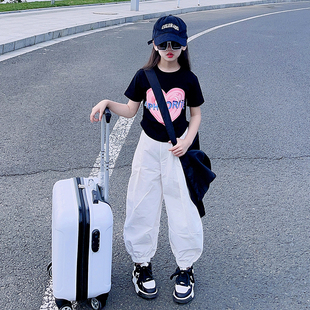 女童短袖T恤夏装2026新款小女孩韩范字母上衣儿童哈伦裤运动套装