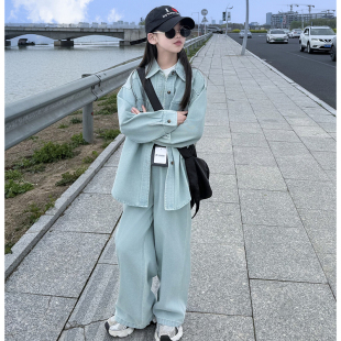 女童套装蓝色牛仔衬衫春装韩系小女生懒惰风休闲外套阔腿裤两件套