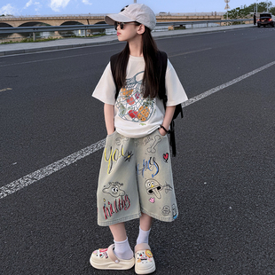 女童美式涂鸦卡通牛仔七分裤薄款中裤2026新款宽松直筒休闲短裤潮