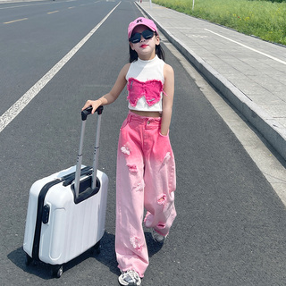 女童破洞渐变牛仔裤夏季2026新款中大童薄款网红时尚宽松高腰裤潮
